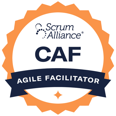 White circle surrounded by a gold pointed border and a navy blue banner across the bottom. The text reads, "Scrum Alliance CAF Agile Facilitator.